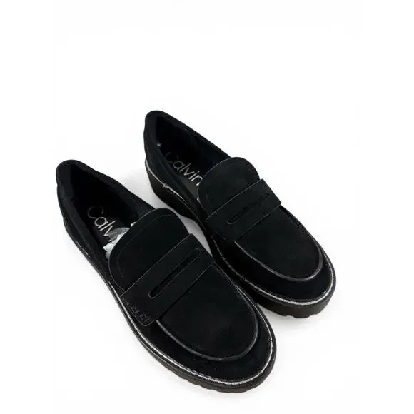 Size 9.5 Calvin Klein Suzie Loafers Women Black Suede Lug Sole Penny Moccasins - Picture 2 of 5